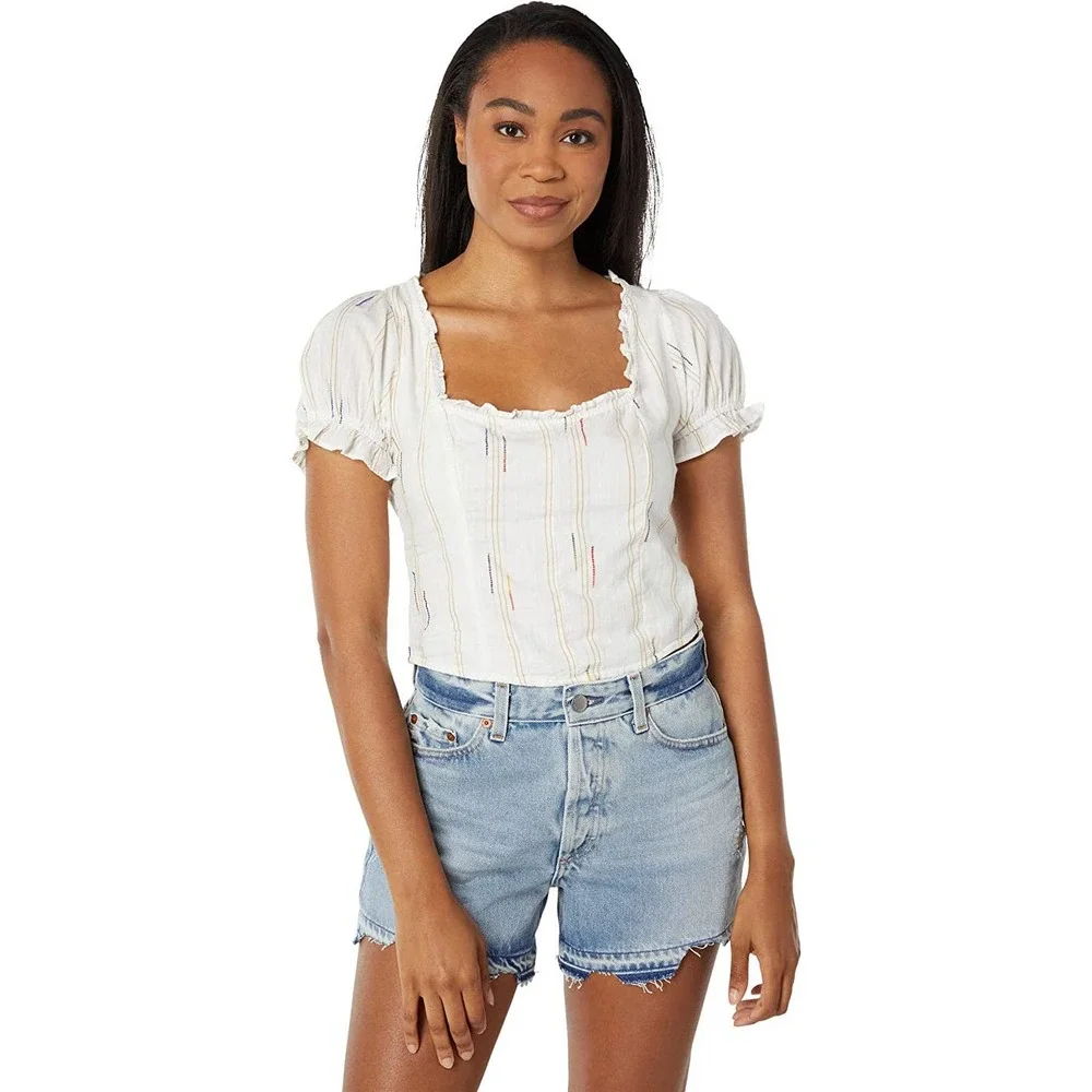 Free People Small New Seratonin Corset Top Cotton Peasant Cop Puff Sleeve White